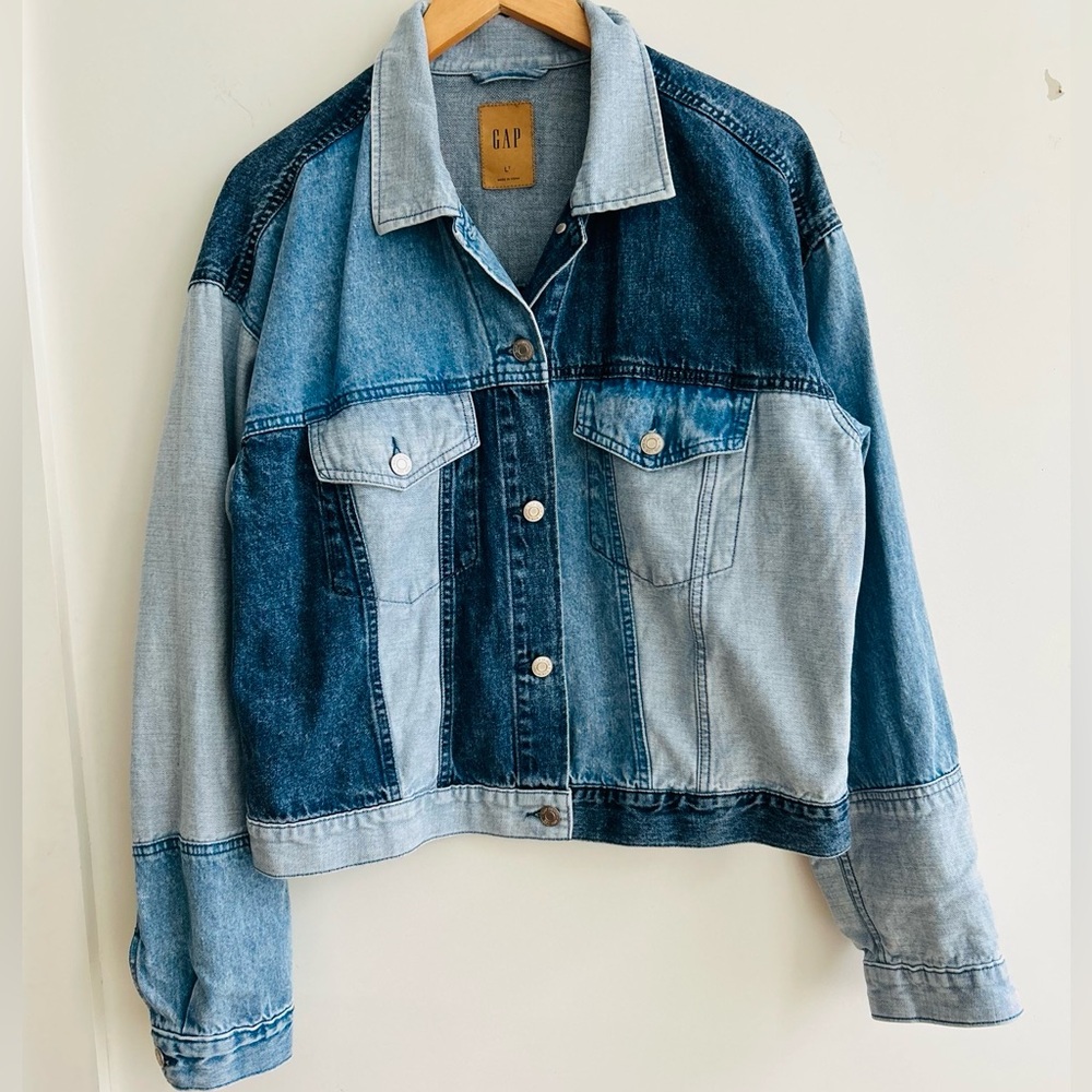 Gap Cropped Patchwork Light Denim Jacket, Large T… - image 5